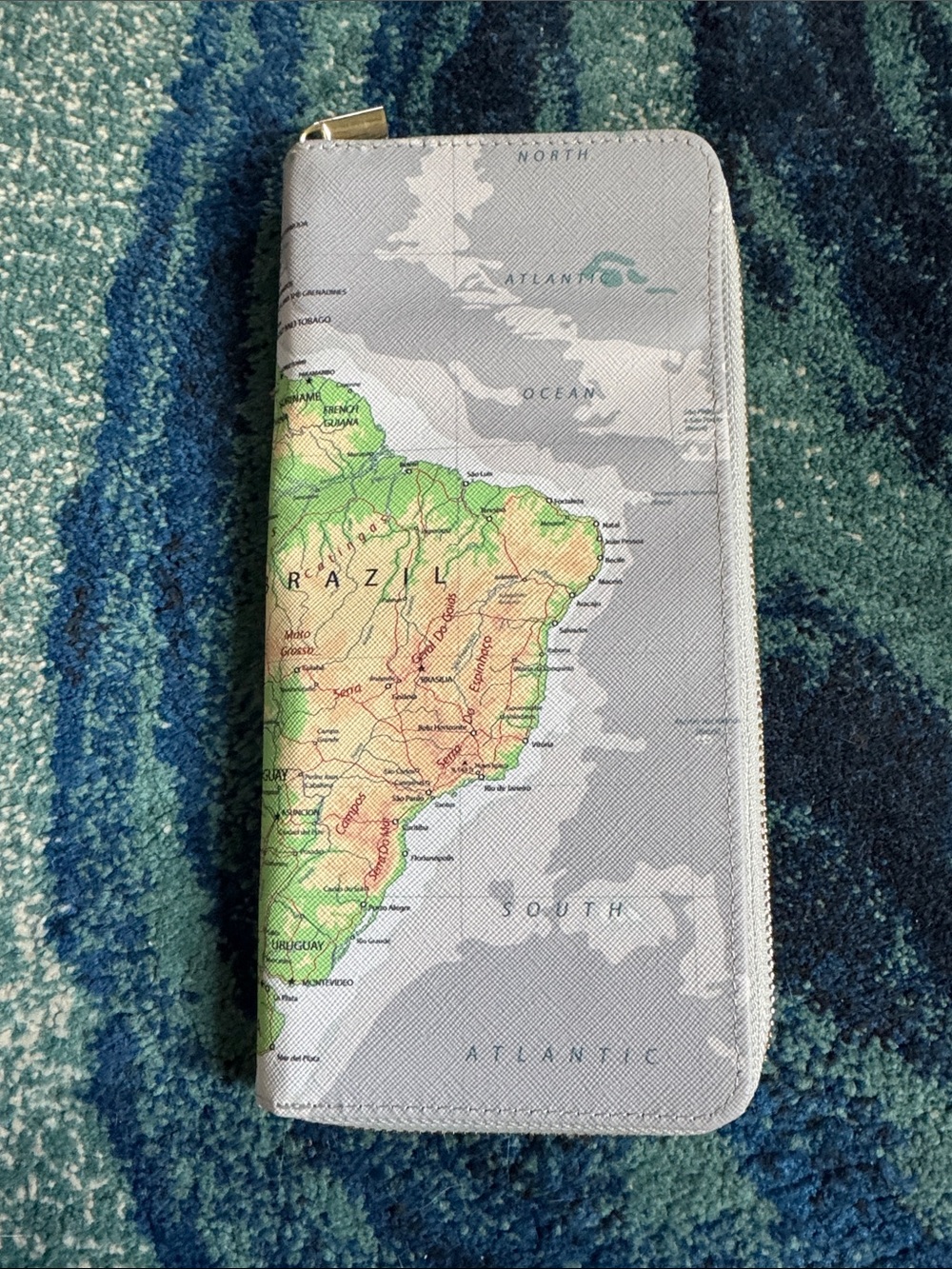 World Map Zip Wallet with Brazil Design - Green & Gray